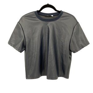 RDI Navy Faux Leather Short Sleeve Crop Top S Crewneck Edgy Moto